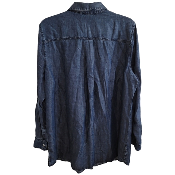 Chico's Dark Wash Chambray Tunic Top Large 12 Size 2 Button Up Shirt Tab Sleeves - Picture 5 of 7